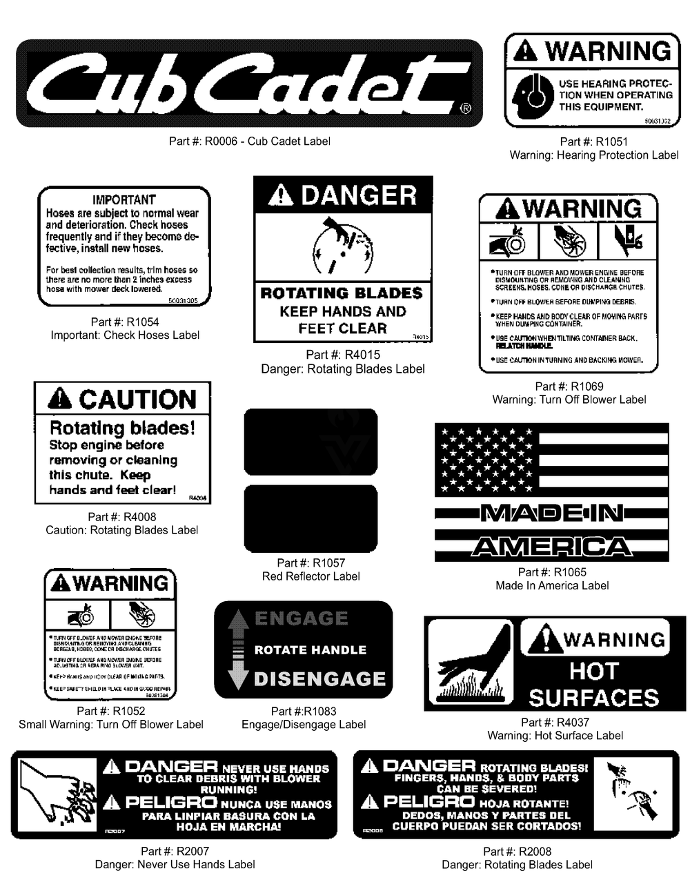 Decals Diagram and Parts List for 59A30044150  Cub Cadet Lawn Tractor